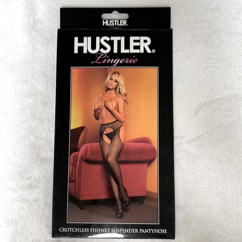 Hustler Lingerie crotchless fishnet suspender pantyhose. One Size. New